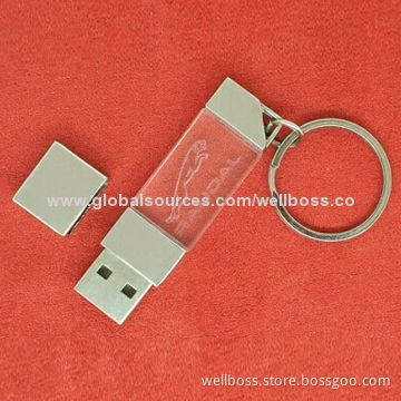 Crystal USB Flash Drives with Keychain, Customized Packaging Types/Logos Accepted, 256MB to 32GBNew